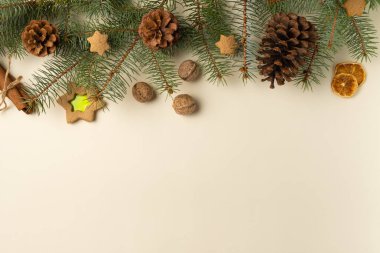 Noel ağacı dalları ve zencefilli kurabiyeli bej arka plan. Düz yerde, üst tarafta. Boşluğu kopyala