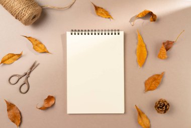 Bej arkaplanda sonbahar yaprakları olan boş bir defter. Düz yatış, üst görünüm.