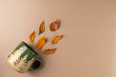 Bej arka planda sonbahar yapraklı kupa. Düz yatış, üst görünüm.