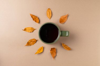 Bej arka planda yaprakları olan bir fincan çay. Düz yatış, üst görünüm.