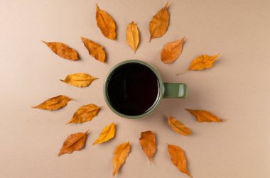 Bej arka planda yaprakları olan bir fincan çay. Düz yatış, üst görünüm.