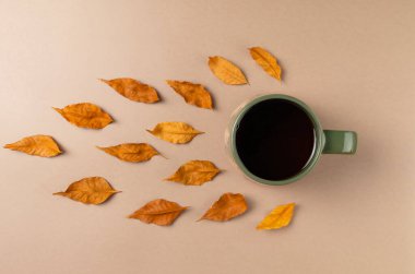 Bej arka planda yaprakları olan bir fincan çay. Düz yatış, üst görünüm.