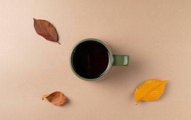 Bej arka planda yaprakları olan bir fincan çay. Düz yatış, üst görünüm.