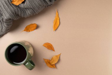 Bej arka planda yaprakları olan bir fincan çay. Düz yerde, üst tarafta. Boşluğu kopyala