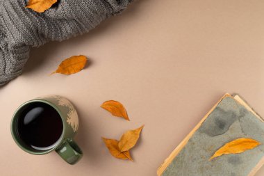 Bej arkaplanlı ve yapraklı bir fincan çay. Düz yatış, üst görünüm.