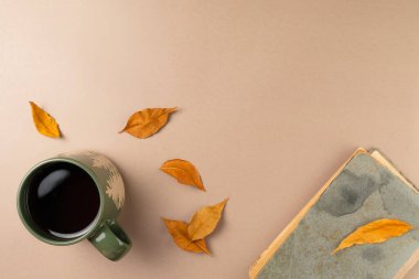 Bej arkaplanlı ve yapraklı bir fincan çay. Düz yatış, üst görünüm.