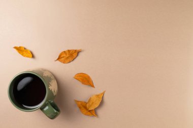 Bej arka planda yaprakları olan bir fincan çay. Düz yerde, üst tarafta. Boşluğu kopyala