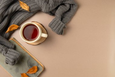 Kitaplı çay, yapraklar, bej arka planda kazak. Düz yatış, üst görünüm.