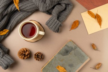 Kitap, yaprak, koni, bej arka planda kazak olan bir fincan çay. Düz yatış, üst görünüm.