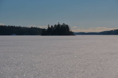Skaraborg İsveç 'te güneşli bir günde, harika bir kış manzarasında donmuş bir gölde yürümek.