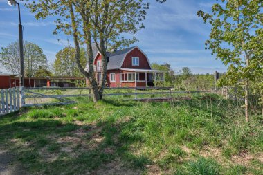 Baharda Skaraborg İsveç 'te güneşli bir günde çiftlik.