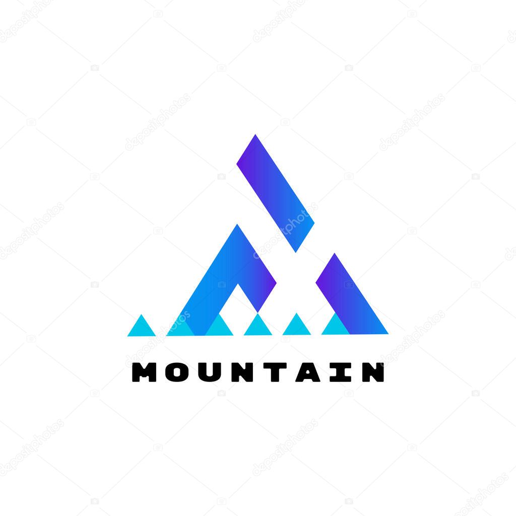 Minimalist mountain logo, blue hiking adventure logo with triangle shape symbolizes adventure, very suitable for business logos and adventure logos.