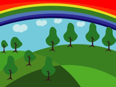 Green Nature and landscape. Vector illustration of trees, forests, mountains,Picture for background, card or cover, illustration of background scenery illustration of a rainbow background view