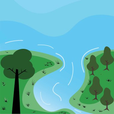 Green Nature and landscape river. Vector illustration of trees, forests, mountains,Picture for background, card or cover, illustration of background scenery