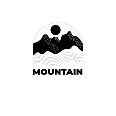 Dağ logosu minimalisti, logo gezisi. Soyut dağ logosu modern tasarım şablonu. Vektör illüstrasyonu Siyah ve Beyaz