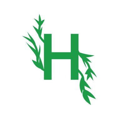  H harfinin baş harfi: Yaprakları içeren basit bir yeşil şirket logosu ve doğa, çevre dostu, başarı ve gelişimi temsil eden büyüme sembolleri.