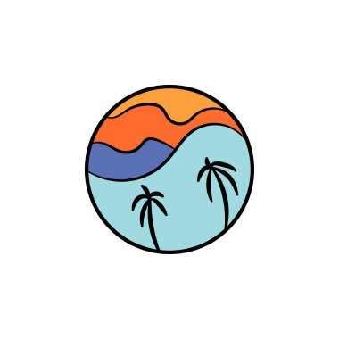 Eski günbatımları tarzında. Güneşli bir eğimle soyut bir arkaplan. Palmiye ağaçlarının siluetleri. Logo ve rozetler için vektör tasarım şablonu. İzole edilmiş beyaz arkaplan.