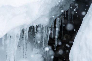 Düşen kar taneleri ve sarkıtları olan bir arazinin ayrıntıları