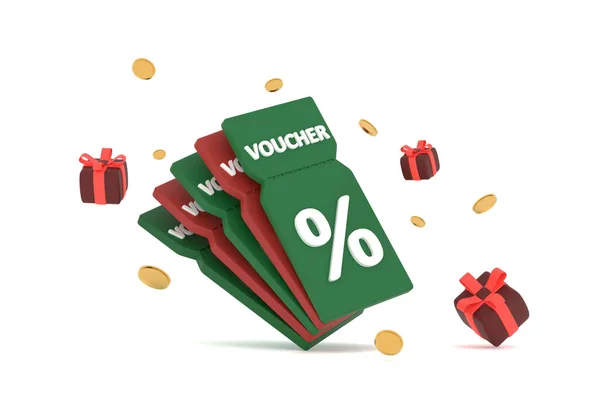 Ben Kedvezmény Kupon Százalékjel Érmékkel Ajándék Doboz Voucher Kártya Készpénz — Stock Fotó