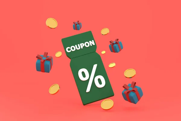 Discount Coupon Percentage Sign Coins Gift Box Voucher Card Cash — Stock Photo, Image