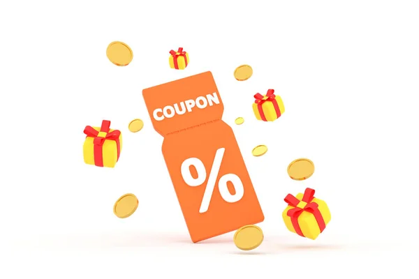 Discount Coupon Percentage Sign Coins Gift Box Voucher Card Cash — Stock Photo, Image