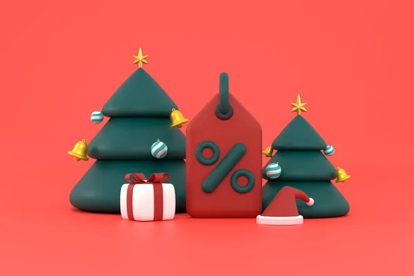 3Dだ クリスマスの販売タグ クリスマスツリー サンタの帽子とギフトボックス クリスマス休暇のショッピングプロモーション — ストック写真