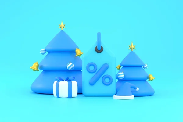 3Dだ クリスマスの販売タグ クリスマスツリー サンタの帽子とギフトボックス クリスマス休暇のショッピングプロモーション — ストック写真