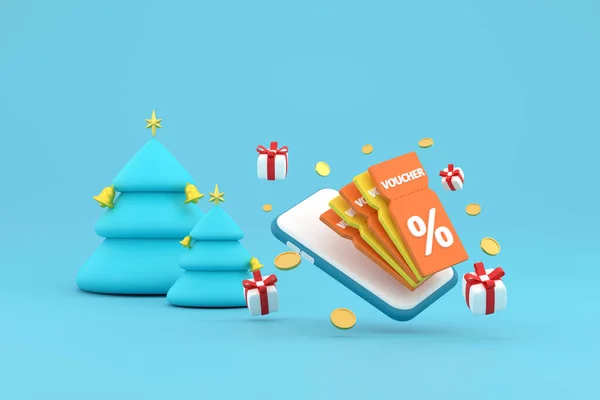 Een Smartphone Kortingsbon Met Procentteken Met Munten Geschenkdoos Kerstboom — Stockfoto