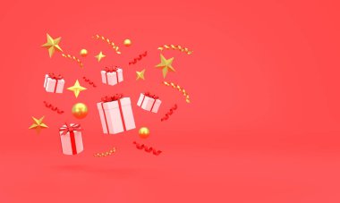 Üç boyutlu. Hediye kutuları, yıldızlar, daireler ve altınla Noel arkaplanı.