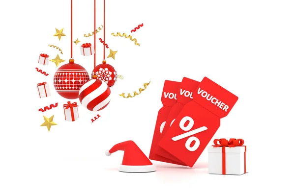 Een Nieuwjaarsvouche Met Een Percentage Met Kerstbal Geschenkdoos Lint — Stockfoto