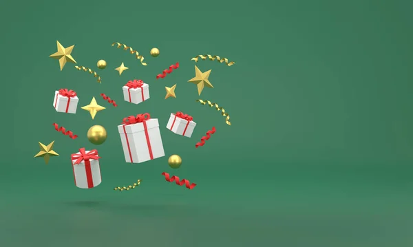 stock image 3D. Christmas background with gift boxes, stars, circles and gold.