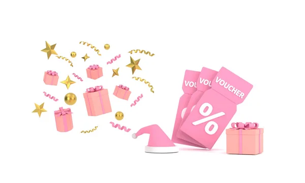3D. gift voucher with gift box and Santa ha