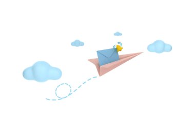 Üç boyutlu. Kağıt uçağın posta zarfı ve çan simgesi izole edildi.