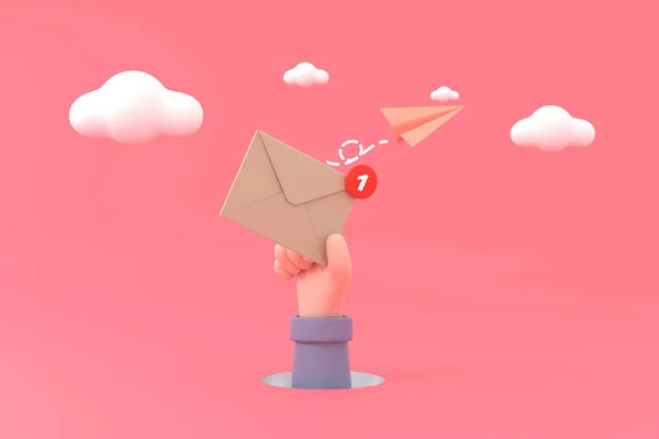 Hand Hält Einen Umschlag Mit Einem Benachrichtigungs Symbol Mit Papierflugzeug — Stockfoto