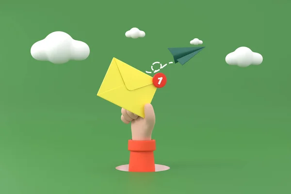 Hand Hält Einen Umschlag Mit Einem Benachrichtigungs Symbol Mit Papierflugzeug — Stockfoto