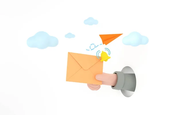 3D. Hand hold an envelope and bell of sending notification icon with paper airplane.