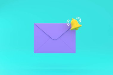 Üç boyutlu zarf ve çan uyarısı. yeni e- posta uyarı simgesi