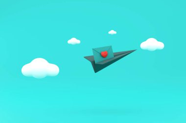 Üç boyutlu. Simge zarflı mektup, kağıttan uçakta kırmızı kalpli posta.