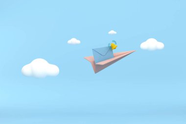 Üç boyutlu. Kağıt uçağın posta zarfı ve çan simgesi izole edildi.