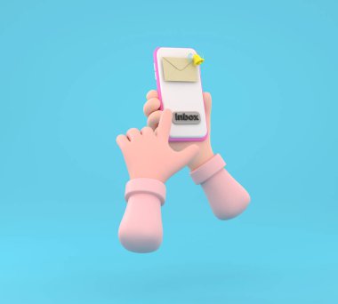 Üç boyutlu. Ekranda e-posta uygulaması olan akıllı telefonu tutan