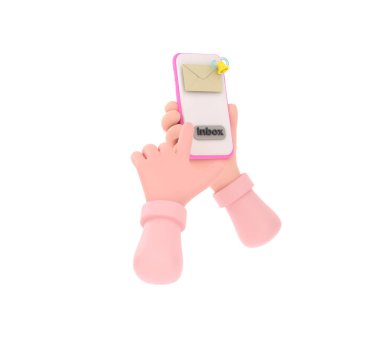 Üç boyutlu. Ekranda e-posta uygulaması olan akıllı telefonu tutan