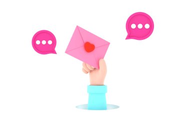 3D. character hand holding mail postal envelope with heart and bubble. New communication message concept.