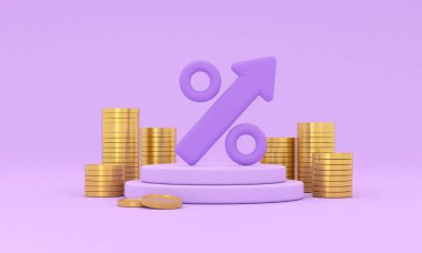 3D. Increasing arrow and stack of money as financial saving rising concept, financial concept and business