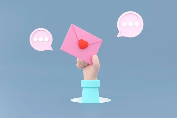 3D. character hand holding mail postal envelope with heart and bubble. New communication message concept.