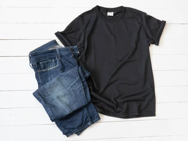 Black Shirt Mockup Jeans White Wood Background Shirt Templat Лицензионные Стоковые Фото