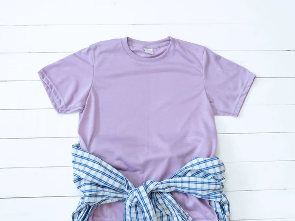 Purple Tshirt Mockup Athletic Heather Plaid Shirt Waist Tie Rolled Стоковое Изображение