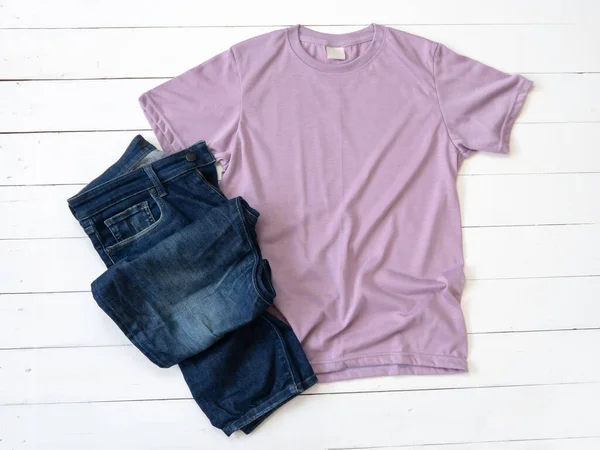 Purple Shirt Mockup Jeans White Wood Background Shirt Template Лицензионные Стоковые Фото