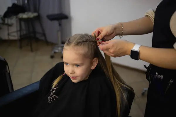barber in a hairdressing salon braids pigtails to a little cute girl.