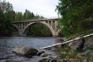 Sonbahar ormanlarıyla çevrili geniş bir nehrin üzerindeki kemerli köprü..