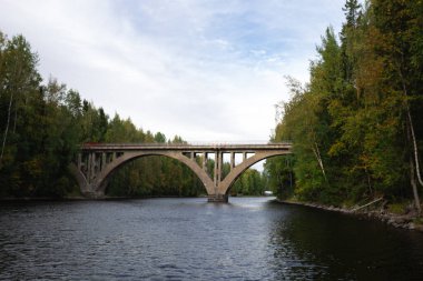 Sonbahar ormanlarıyla çevrili geniş bir nehrin üzerindeki kemerli köprü..